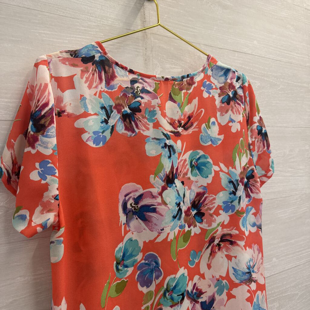 Spense Orange/ Multi Floral Print Short Sleeve Top Medium