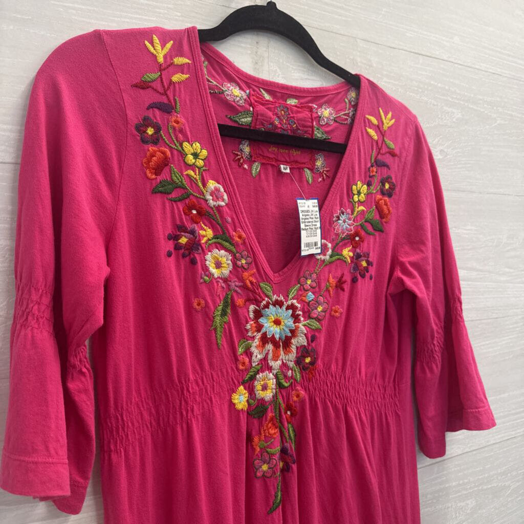 JW Los Angeles Pink/ Multi Embroidered Short Sleeve Dress Medium