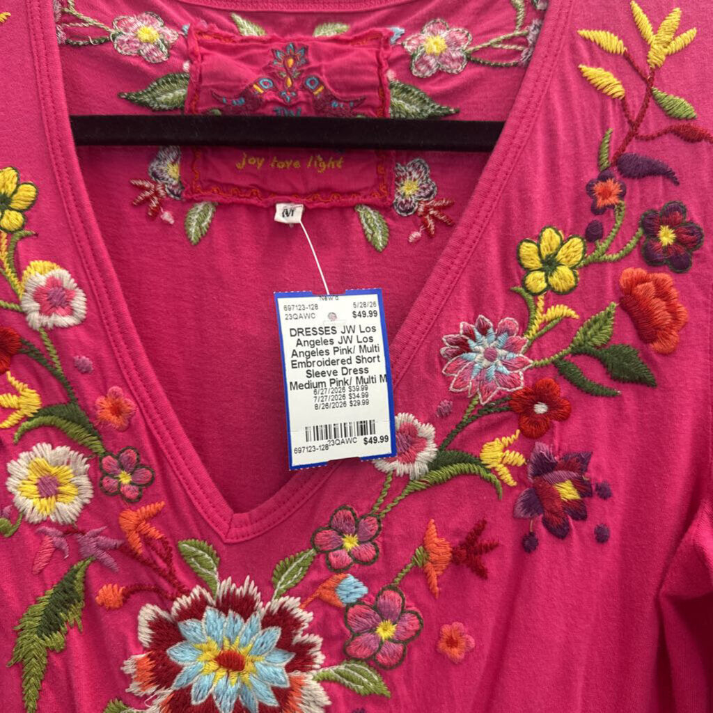 JW Los Angeles Pink/ Multi Embroidered Short Sleeve Dress Medium