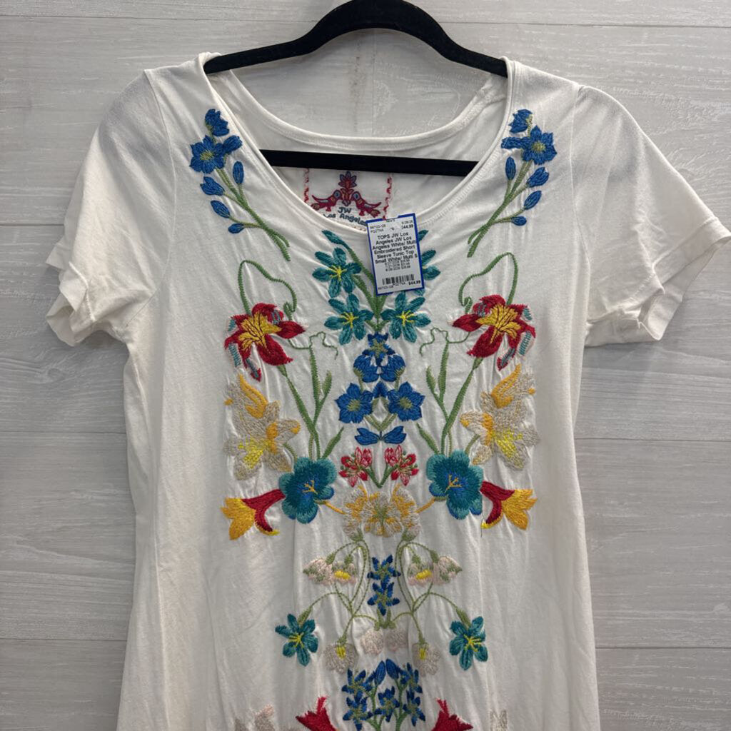 JW Los Angeles White/ Multi Embroidered Short Sleeve Tunic Top Small