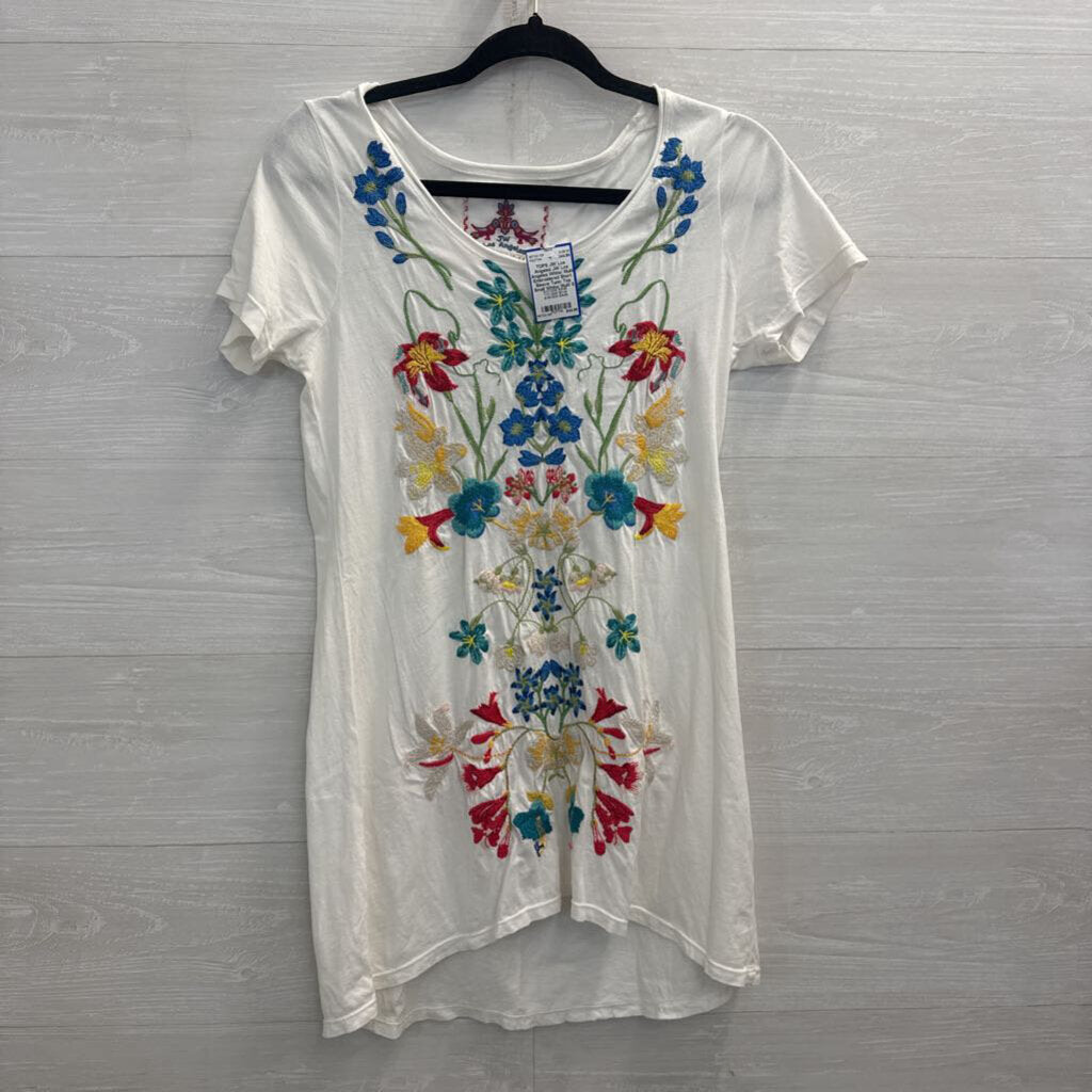 JW Los Angeles White/ Multi Embroidered Short Sleeve Tunic Top Small
