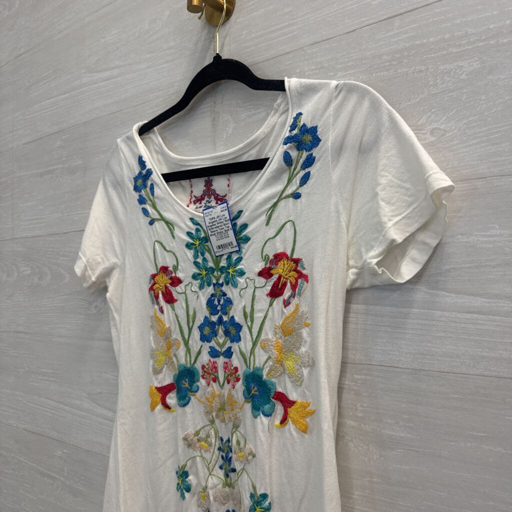 JW Los Angeles White/ Multi Embroidered Short Sleeve Tunic Top Small