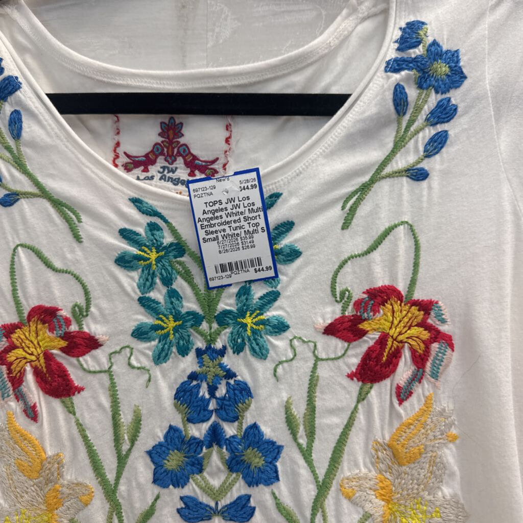 JW Los Angeles White/ Multi Embroidered Short Sleeve Tunic Top Small