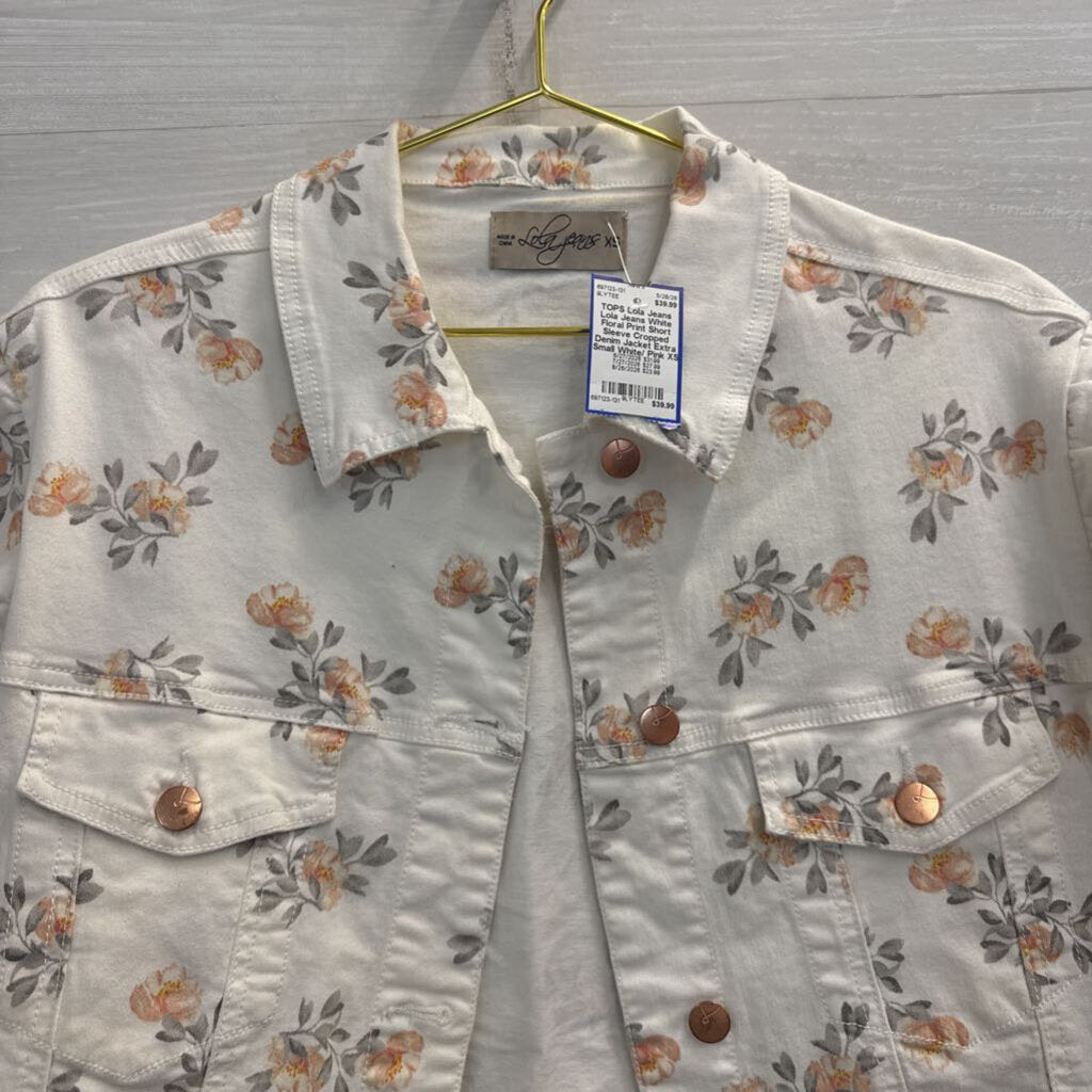 Lola Jeans White Floral Print Short Sleeve Cropped Denim Jacket Extra Small