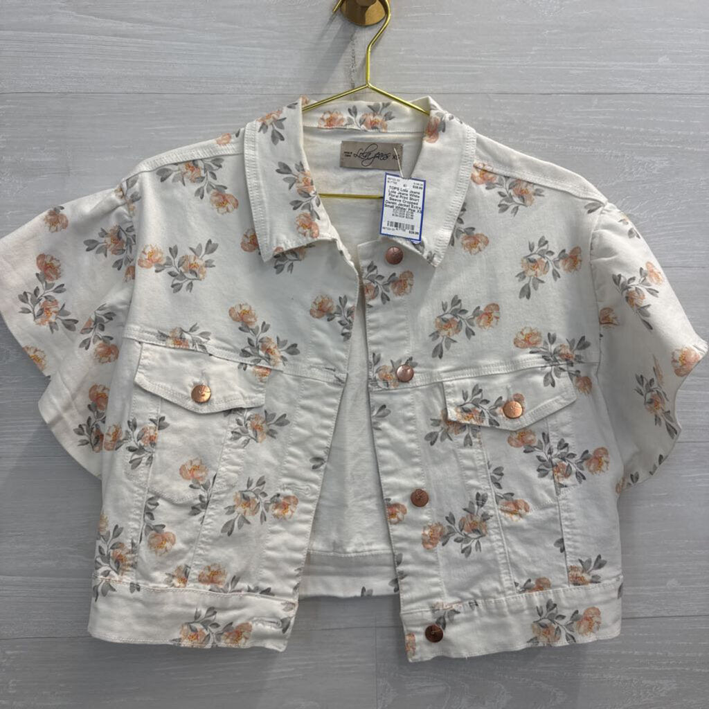 Lola Jeans White Floral Print Short Sleeve Cropped Denim Jacket Extra Small
