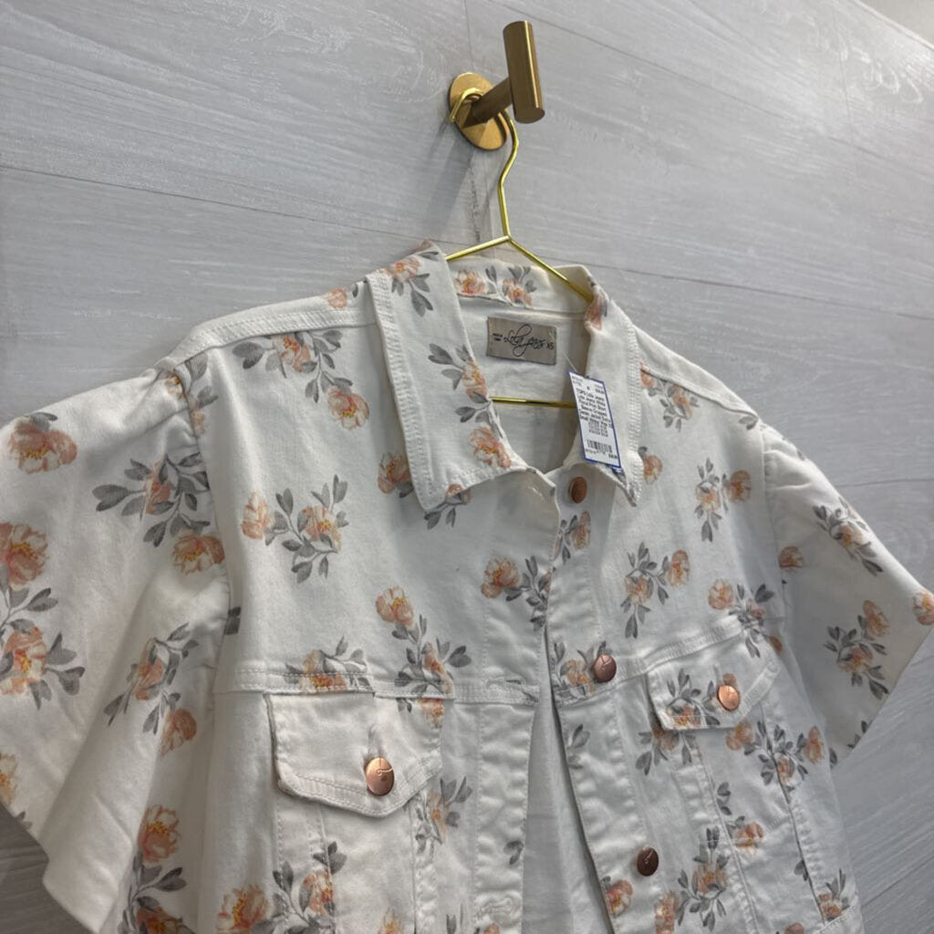 Lola Jeans White Floral Print Short Sleeve Cropped Denim Jacket Extra Small