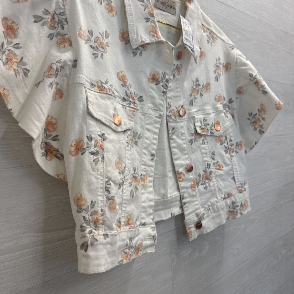 Lola Jeans White Floral Print Short Sleeve Cropped Denim Jacket Extra Small