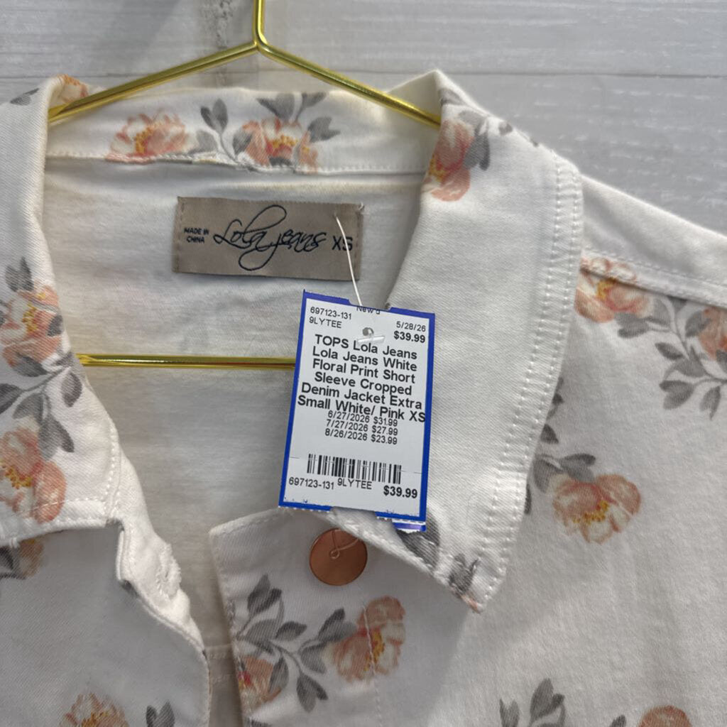 Lola Jeans White Floral Print Short Sleeve Cropped Denim Jacket Extra Small