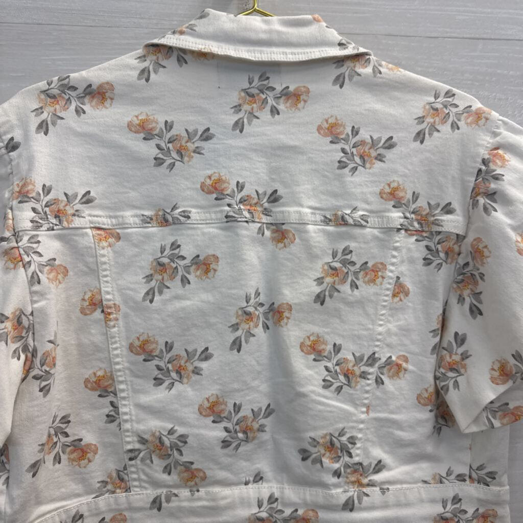 Lola Jeans White Floral Print Short Sleeve Cropped Denim Jacket Extra Small