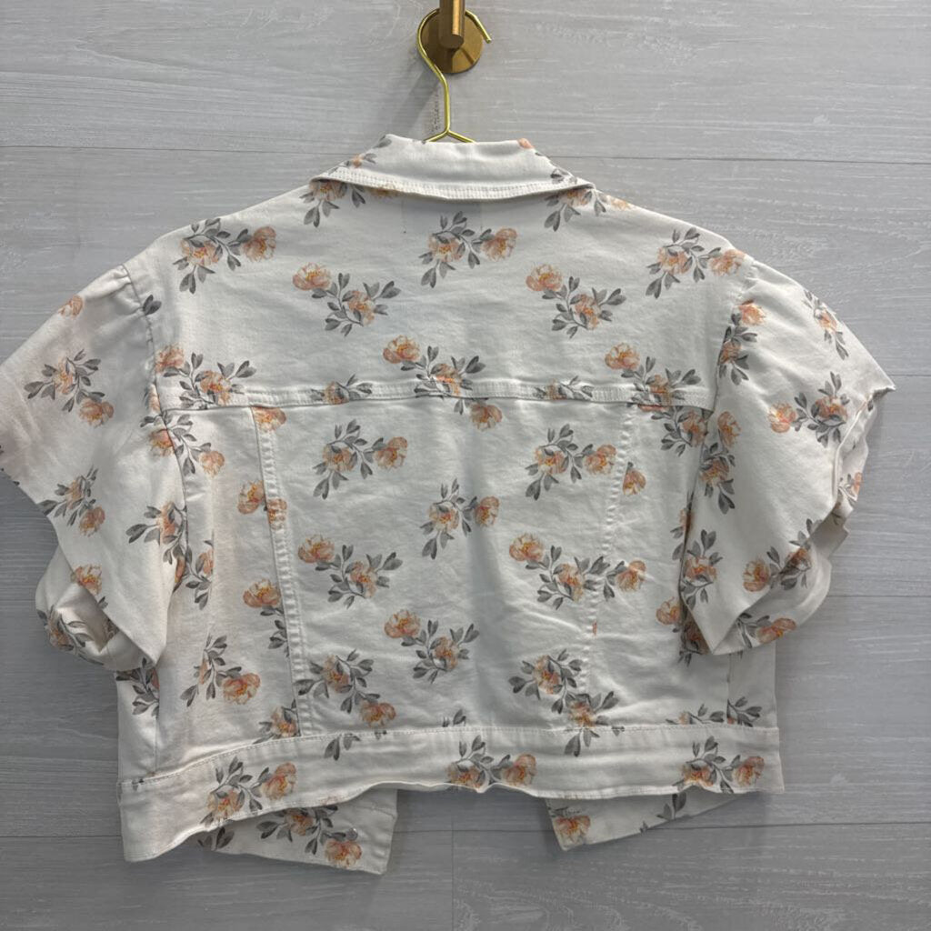 Lola Jeans White Floral Print Short Sleeve Cropped Denim Jacket Extra Small