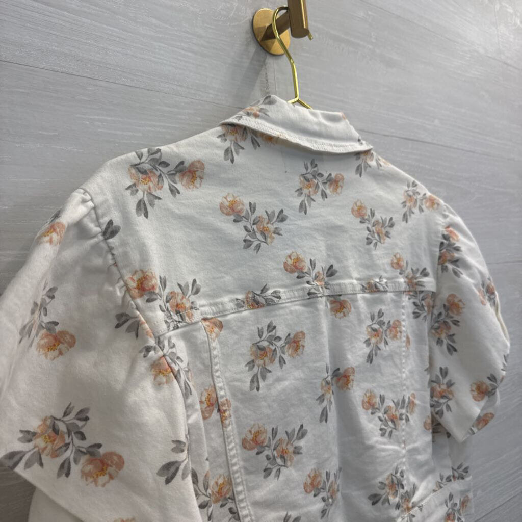 Lola Jeans White Floral Print Short Sleeve Cropped Denim Jacket Extra Small