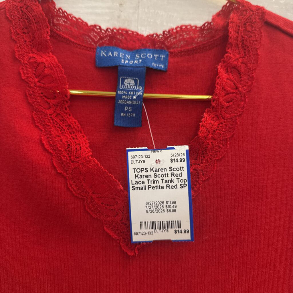 Karen Scott Red Lace Trim Tank Top Small Petite