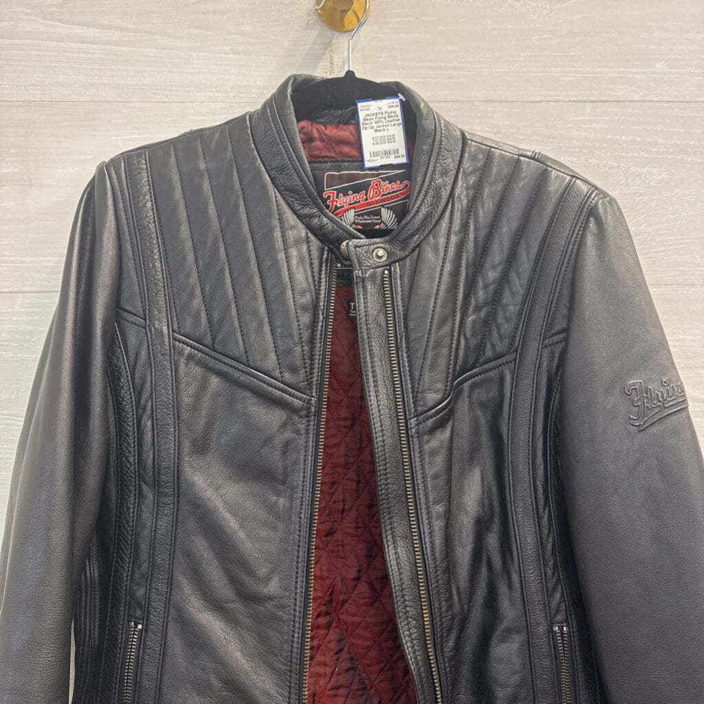 Flying Bikes Black 100% Leather Zip Up Jacket Large