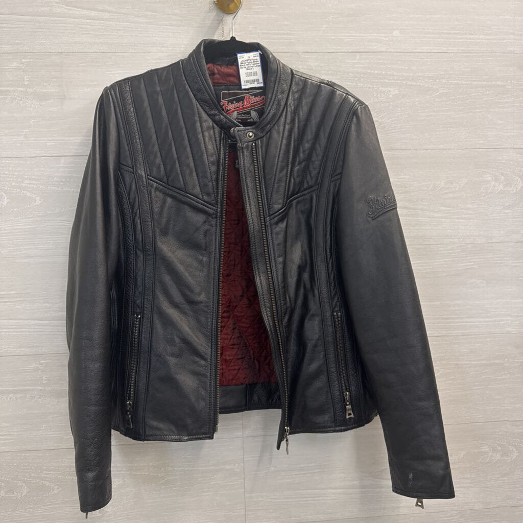 Flying Bikes Black 100% Leather Zip Up Jacket Large