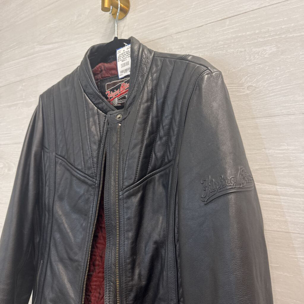 Flying Bikes Black 100% Leather Zip Up Jacket Large