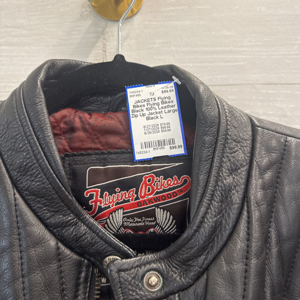 Flying Bikes Black 100% Leather Zip Up Jacket Large
