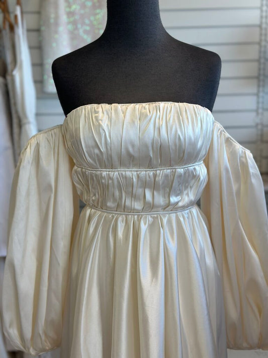 Ivory Satin Off Shoulder Long Sleeve Bridal Gown Medium