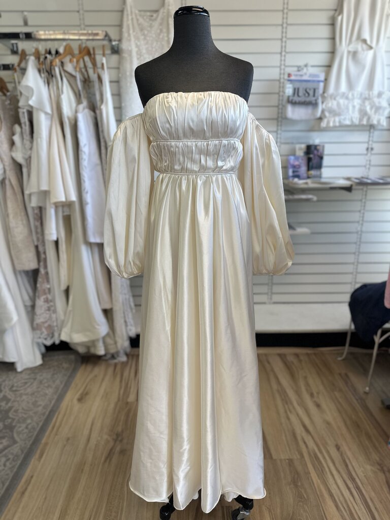 Ivory Satin Off Shoulder Long Sleeve Bridal Gown Medium