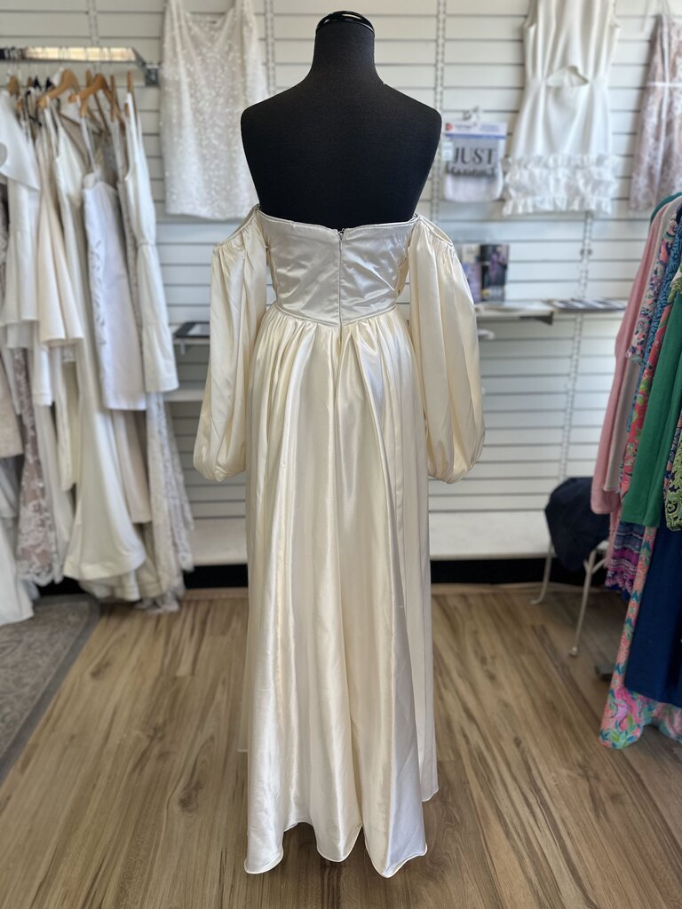 Ivory Satin Off Shoulder Long Sleeve Bridal Gown Medium