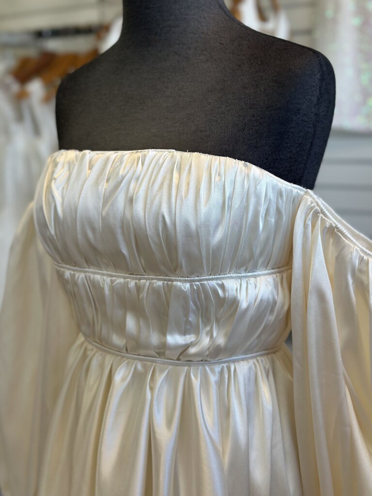 Ivory Satin Off Shoulder Long Sleeve Bridal Gown Medium