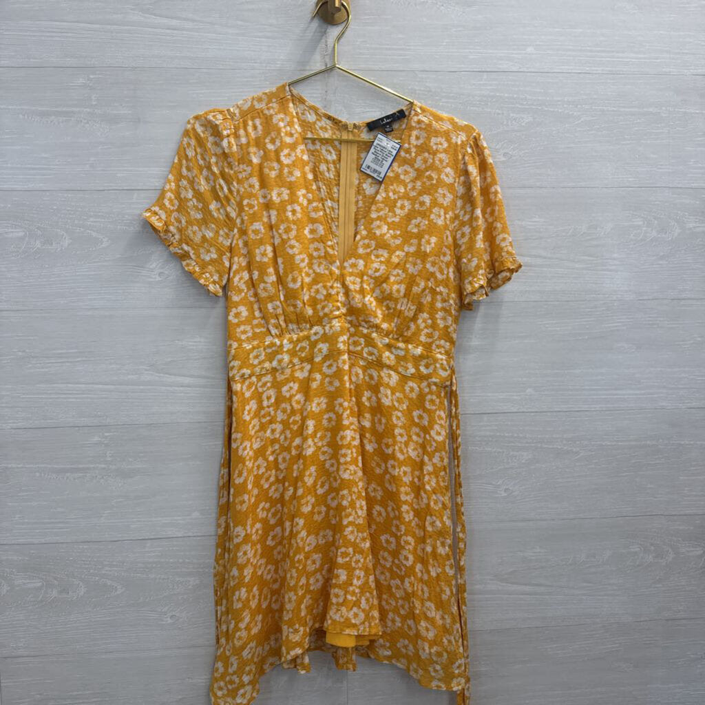 Lulus Yellow/ White Floral Print Short Sleeve Dress Medium
