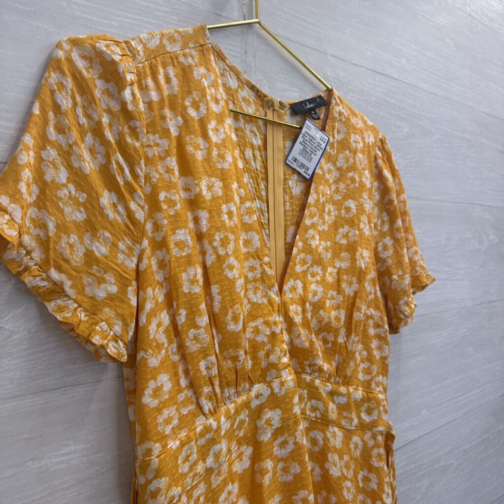 Lulus Yellow/ White Floral Print Short Sleeve Dress Medium