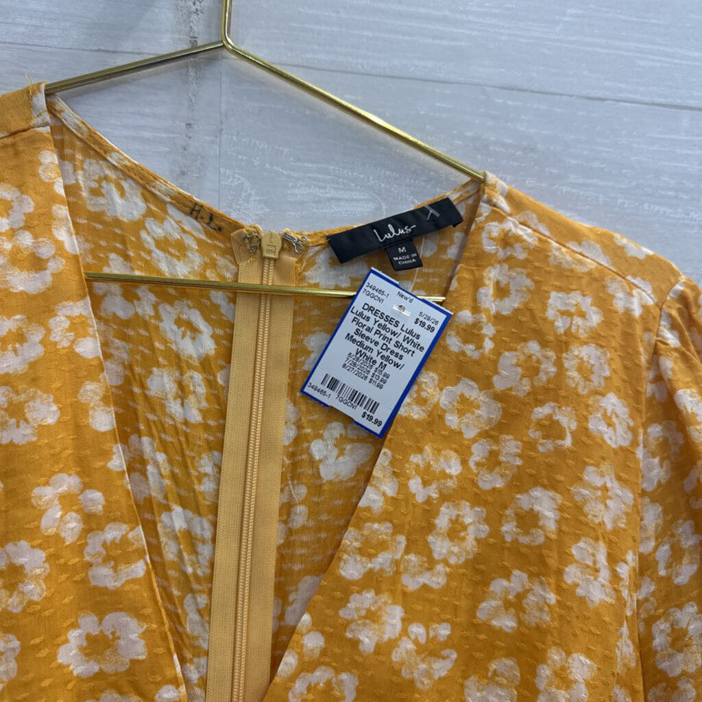 Lulus Yellow/ White Floral Print Short Sleeve Dress Medium