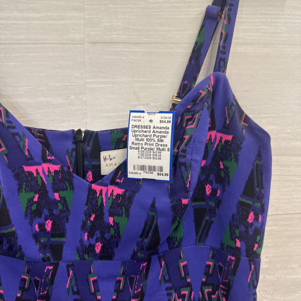 Amanda Uprichard Purple/ Multi 100% Silk Retro Print Dress Small