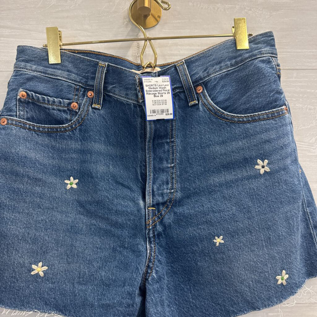 Levi Medium Wash Embroidered Floral Ribcage Shorts 29