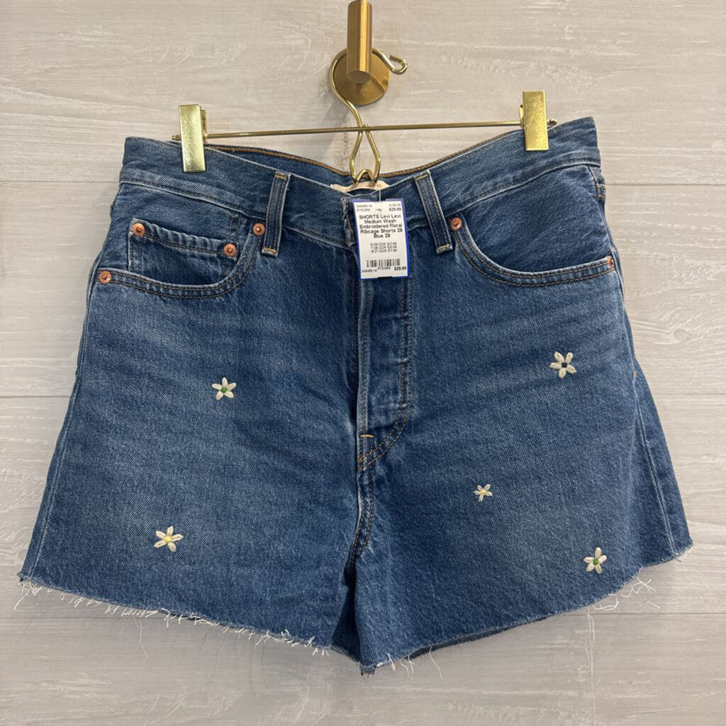 Levi Medium Wash Embroidered Floral Ribcage Shorts 29