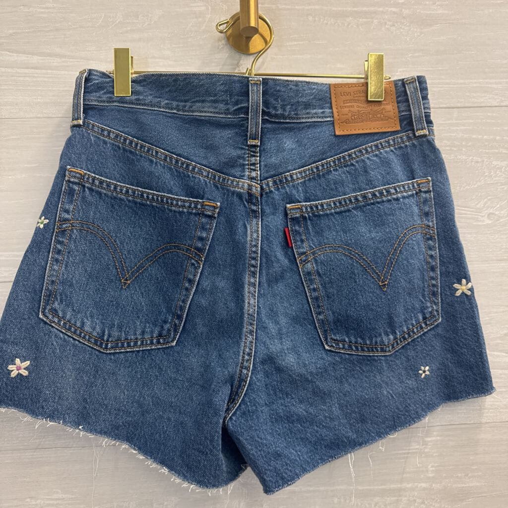 Levi Medium Wash Embroidered Floral Ribcage Shorts 29