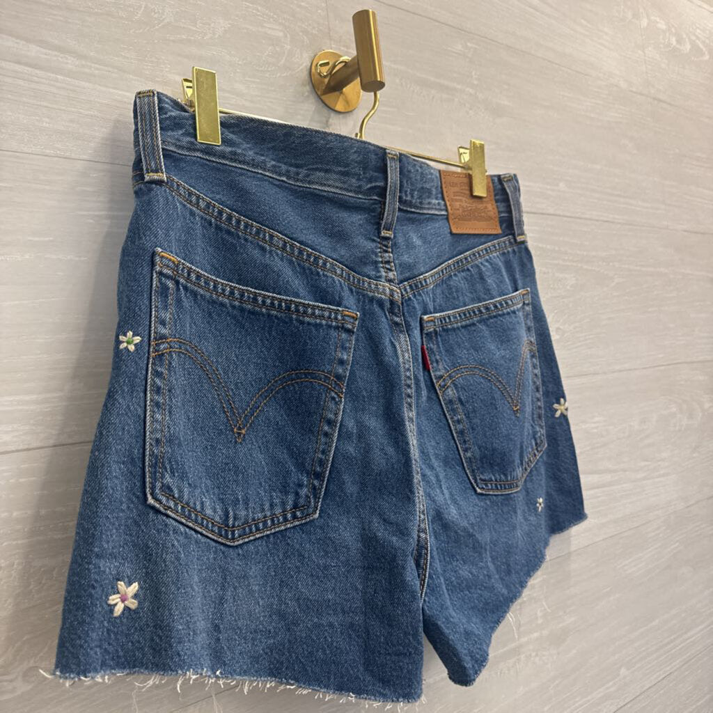 Levi Medium Wash Embroidered Floral Ribcage Shorts 29