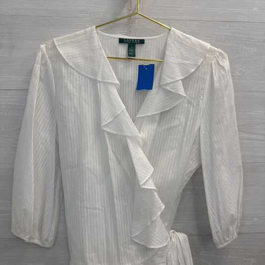Ralph Lauren White Striped Ruffle Detail Long Sleeve Wrap Top Large