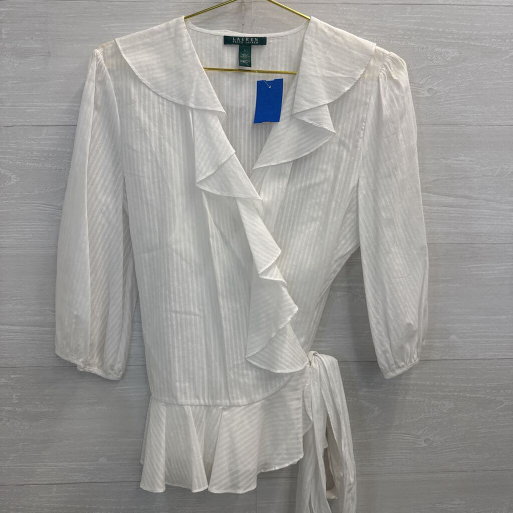 Ralph Lauren White Striped Ruffle Detail Long Sleeve Wrap Top Large