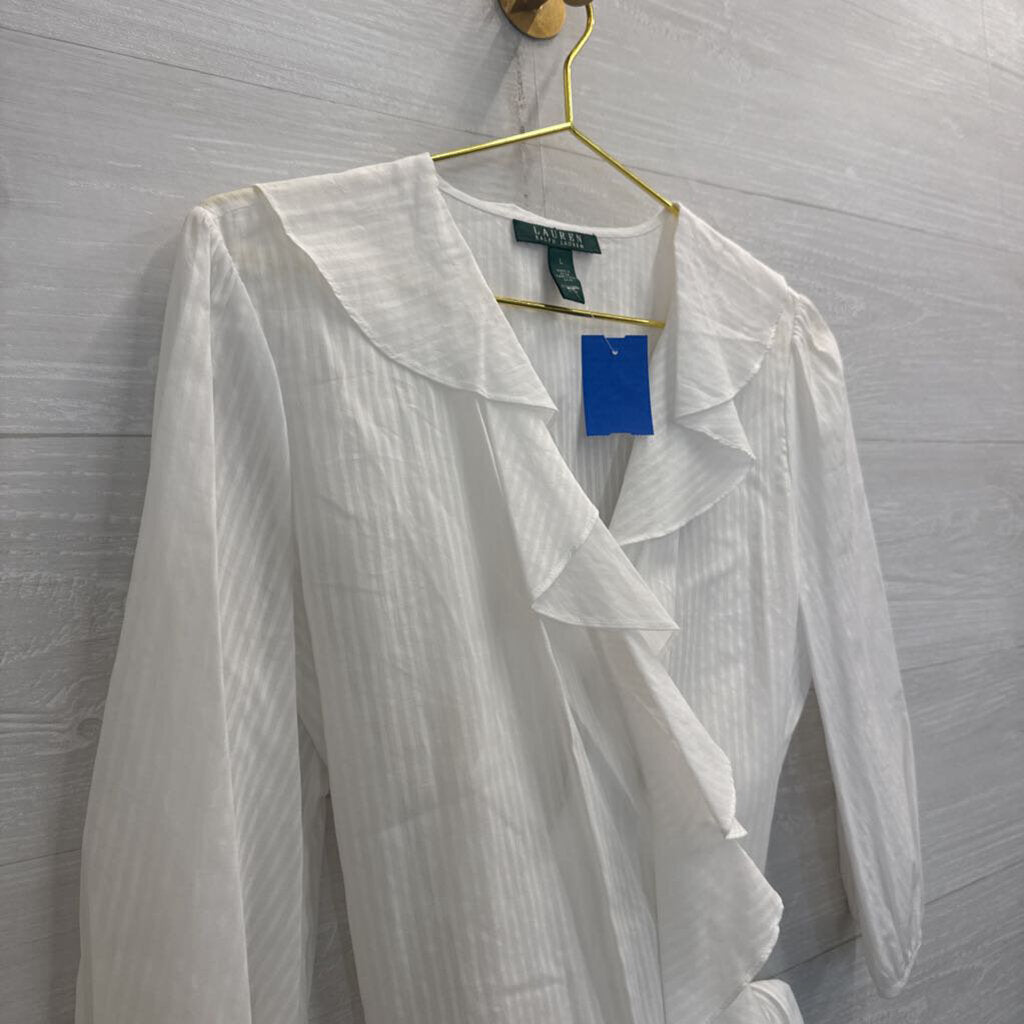 Ralph Lauren White Striped Ruffle Detail Long Sleeve Wrap Top Large