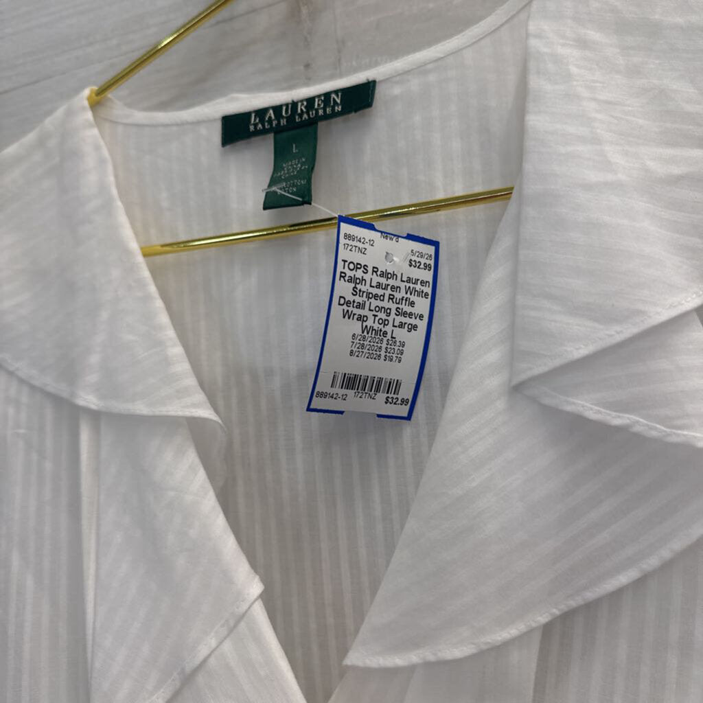 Ralph Lauren White Striped Ruffle Detail Long Sleeve Wrap Top Large