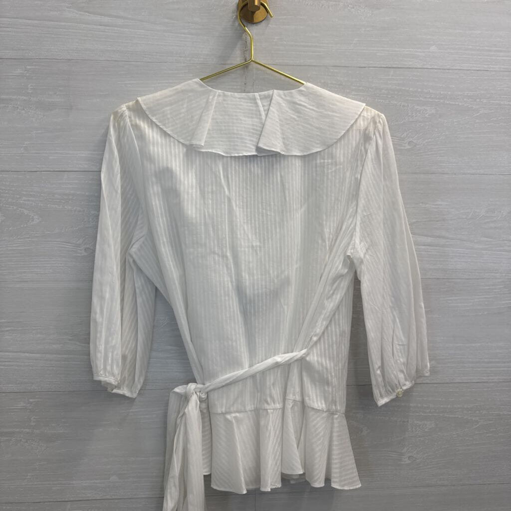 Ralph Lauren White Striped Ruffle Detail Long Sleeve Wrap Top Large