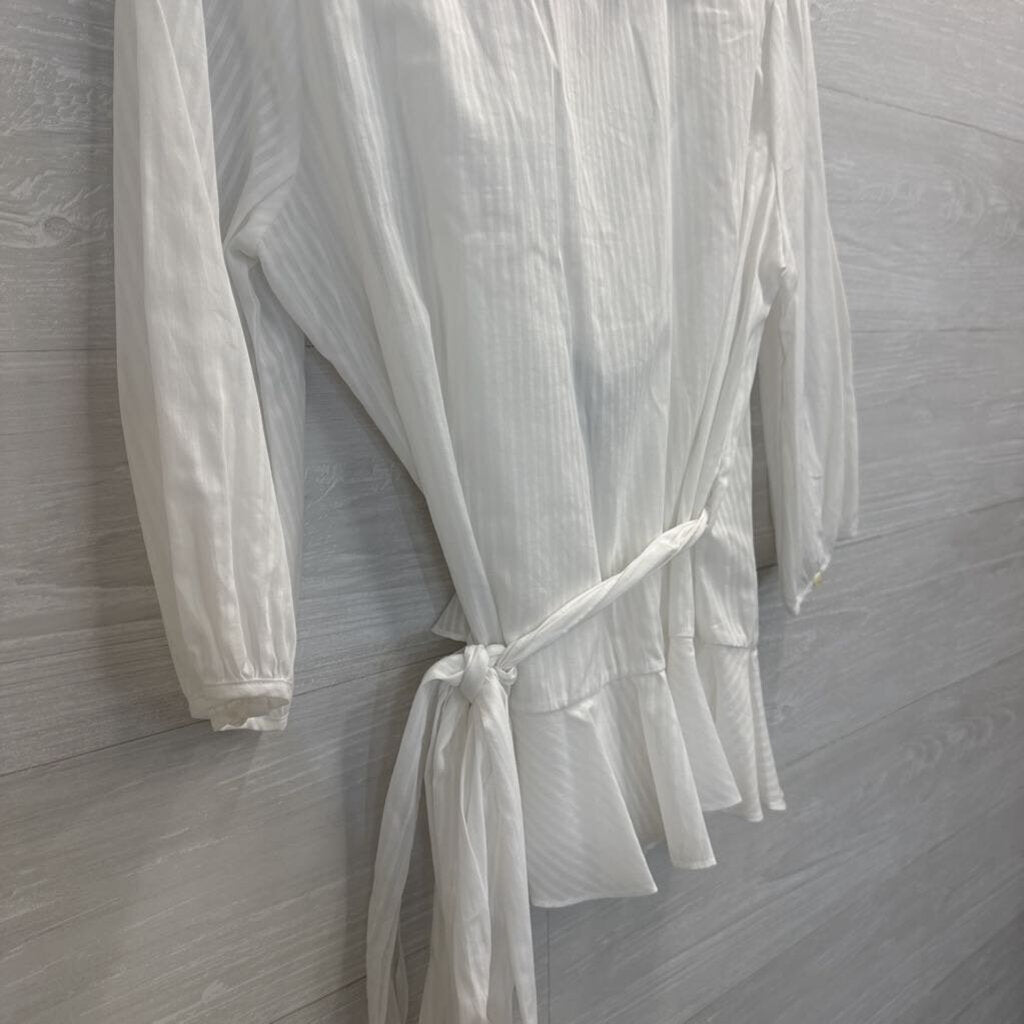 Ralph Lauren White Striped Ruffle Detail Long Sleeve Wrap Top Large