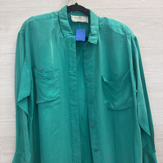Vintage Flexible Green 100% Silk Long Sleeve Button Down Top Medium