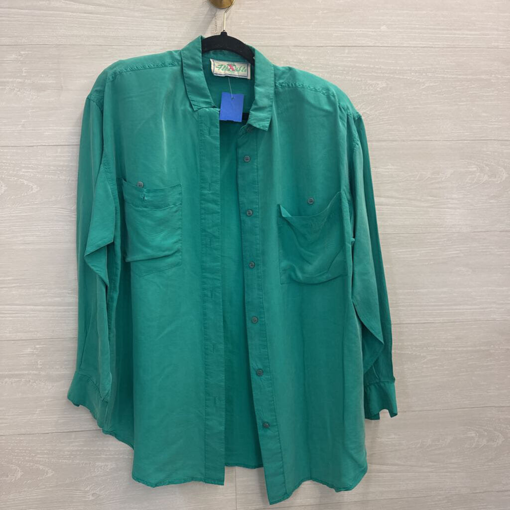 Vintage Flexible Green 100% Silk Long Sleeve Button Down Top Medium