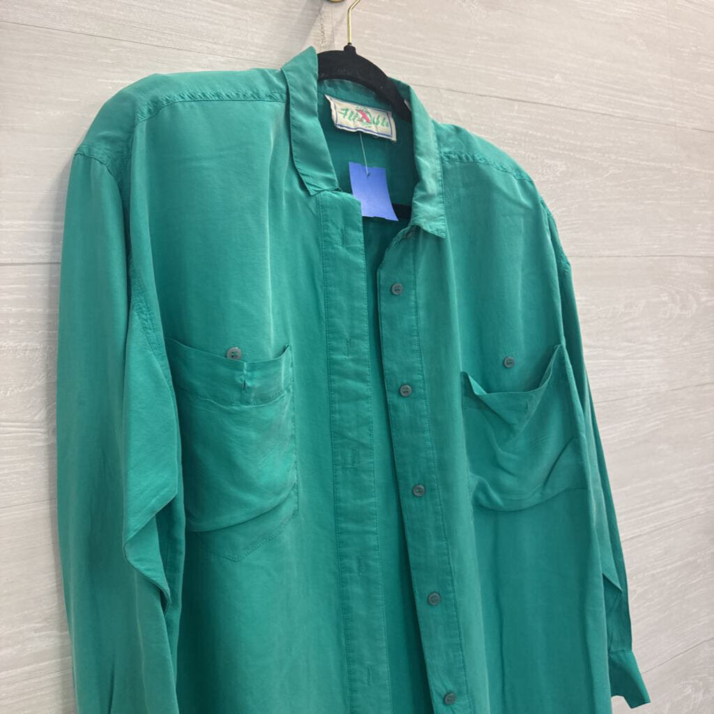 Vintage Flexible Green 100% Silk Long Sleeve Button Down Top Medium