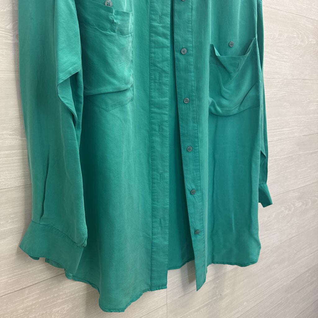 Vintage Flexible Green 100% Silk Long Sleeve Button Down Top Medium