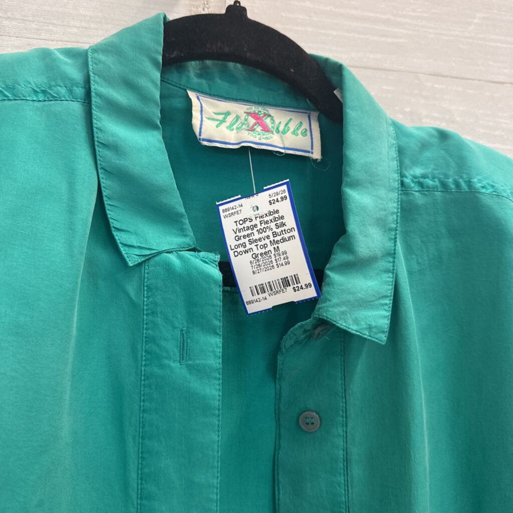 Vintage Flexible Green 100% Silk Long Sleeve Button Down Top Medium