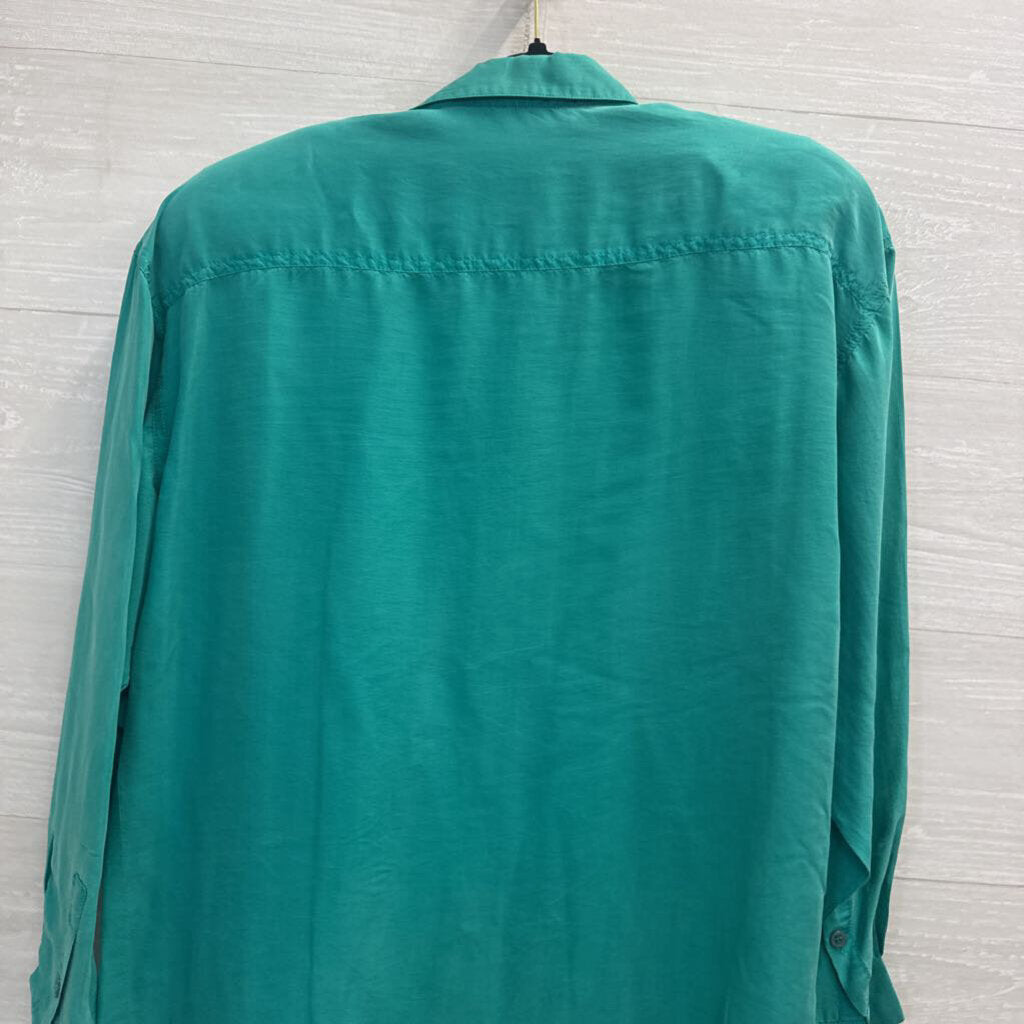 Vintage Flexible Green 100% Silk Long Sleeve Button Down Top Medium