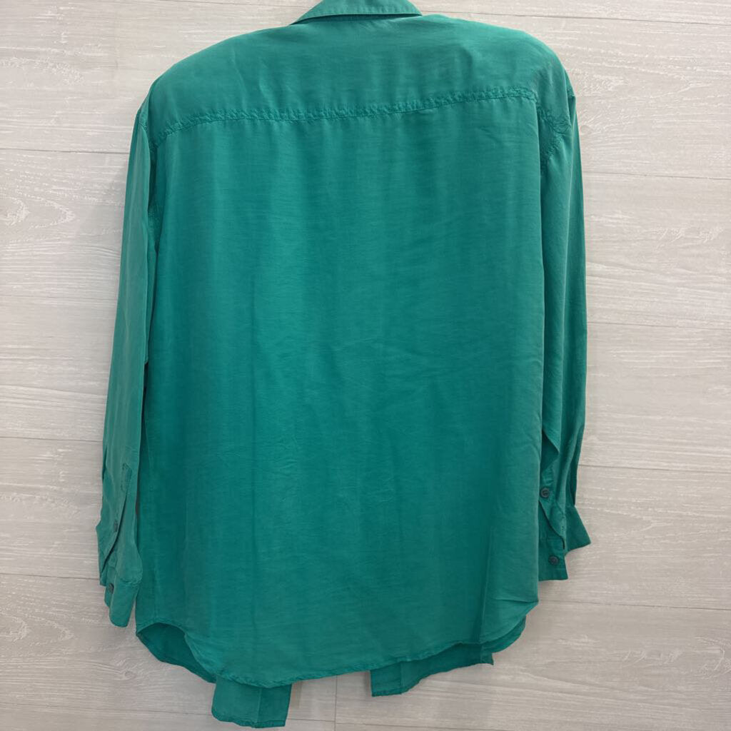 Vintage Flexible Green 100% Silk Long Sleeve Button Down Top Medium
