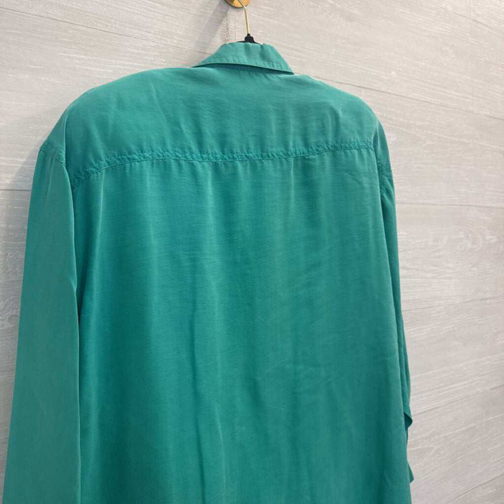 Vintage Flexible Green 100% Silk Long Sleeve Button Down Top Medium