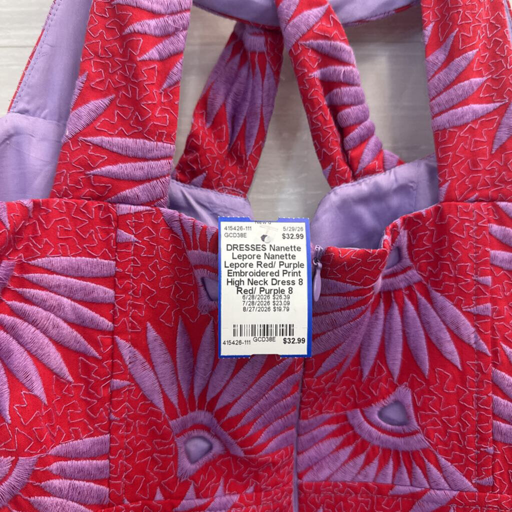 Nanette Lepore Red/ Purple Embroidered Print High Neck Dress 8