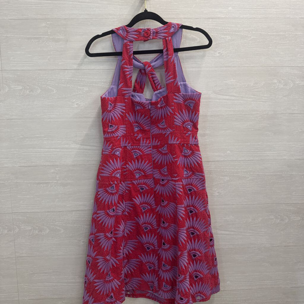 Nanette Lepore Red/ Purple Embroidered Print High Neck Dress 8