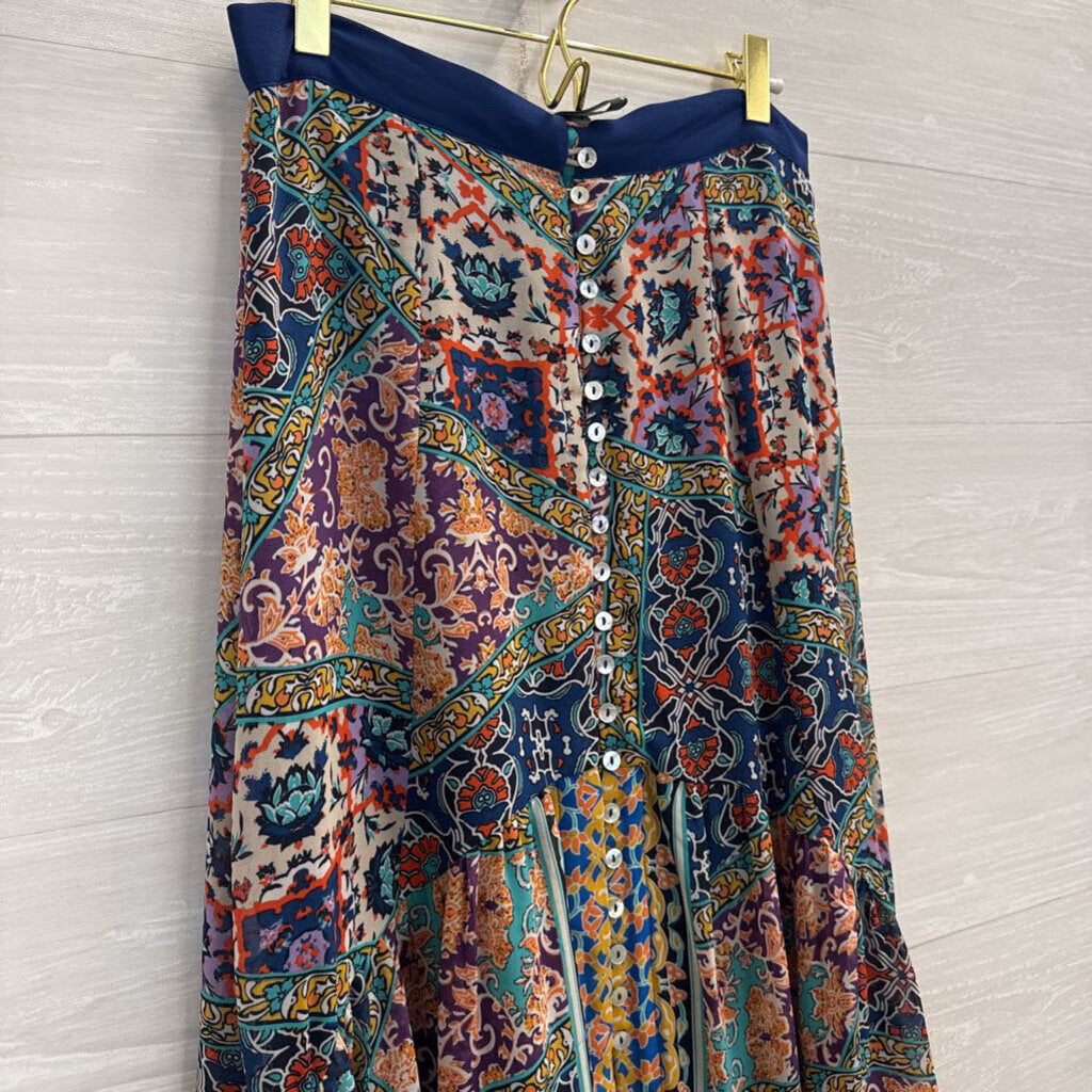 YASB Blue/ Multi Print Front Button Maxi Skirt 4