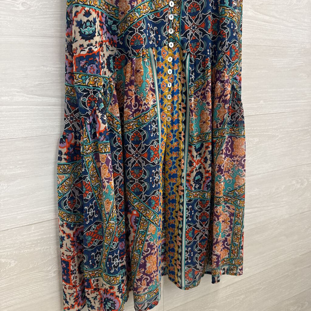 YASB Blue/ Multi Print Front Button Maxi Skirt 4